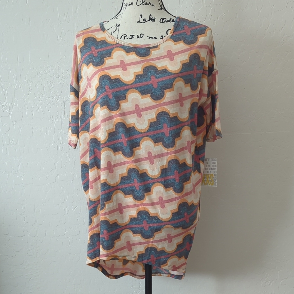 LuLaRoe Irma XXS Blue Pink Cream Geometric Short Sleeve Top